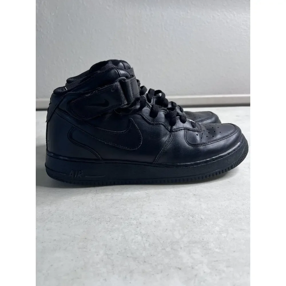 Nike Air Force 1 Mid Men's 8.5 Triple Black Leather Strap Sneaker AF1